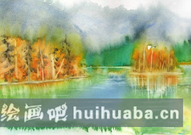 家鄉(xiāng)的秋天水彩畫兒童畫圖片_小河兩岸的秋色