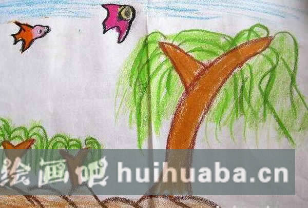 兒童畫(huà)關(guān)于春天的樹(shù)圖片_翠綠的柳樹(shù)/蠟筆畫(huà)圖片