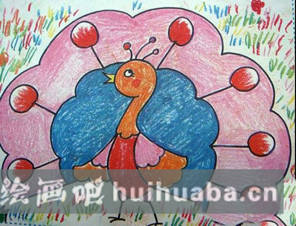 驕傲的孔雀開屏兒童畫美術(shù)作品/油畫棒畫圖片