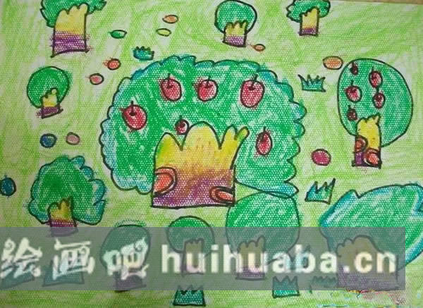 【兒童畫(huà)秋天的蘋(píng)果樹(shù)】三年級(jí)怎樣畫(huà)蘋(píng)果樹(shù)/蠟筆畫(huà)圖片