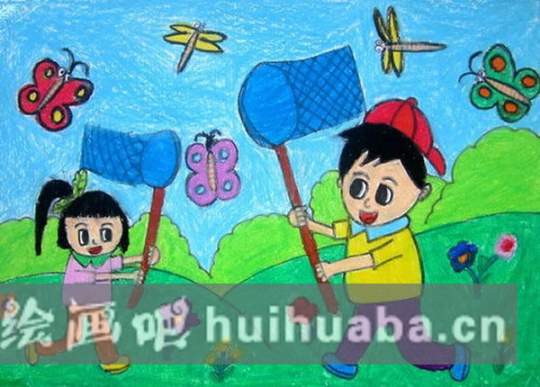 小朋友捕捉蝴蝶兒童畫(huà)_幼兒繪畫(huà)美麗的春天/水粉畫(huà)圖片