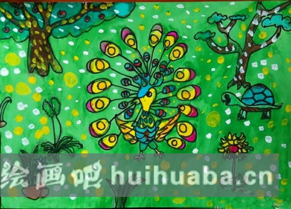 動物園里的孔雀兒童畫_孔雀開屏/水粉畫圖片