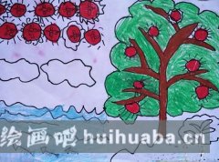 兒童筆觸描繪豐收蘋果樹