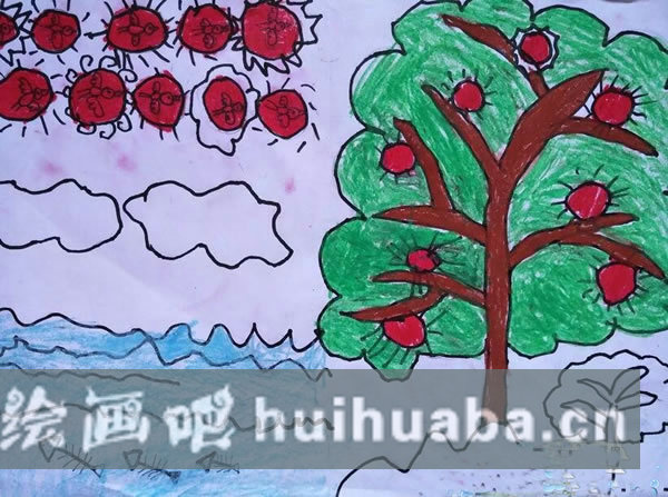 【兒童畫秋天的蘋果樹】簡單的蘋果樹怎么畫/蠟筆畫圖片
