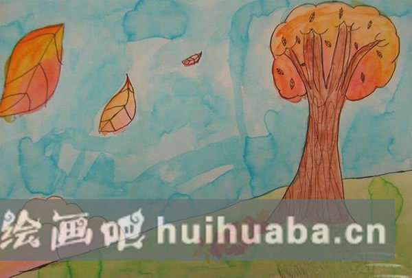 秋天的落葉風(fēng)景兒童畫/彩鉛畫圖片