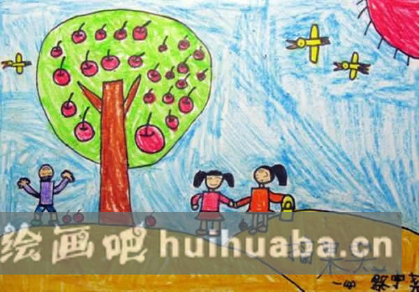 秋天摘蘋果幼兒繪畫_秋天豐收果實(shí)的兒童畫
