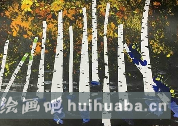 幼兒大班水粉畫秋天的白樺林_關于秋天的風景畫圖片