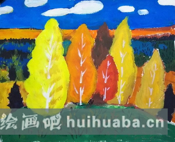 一年級(jí)兒童畫秋天的樹木景色作品_彩色的秋天