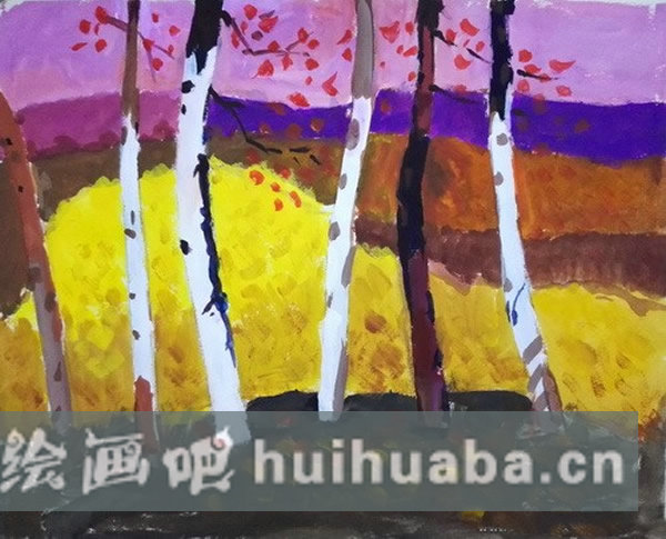 小學(xué)一年級(jí)兒童水粉畫(huà)秋天的白樺林