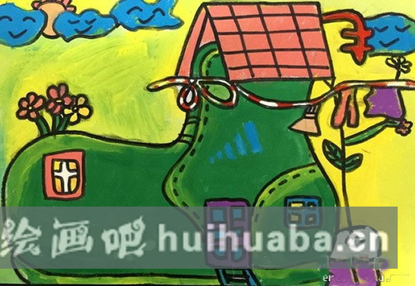 小學(xué)生綠色夢想家園兒童畫_創(chuàng)意鞋子家園/水粉畫圖片