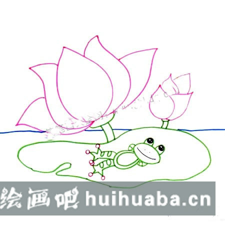 畫池塘荷花青蛙的步驟_兒童水彩畫荷塘荷花青蛙教程圖