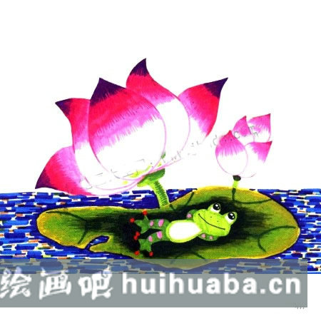 畫池塘荷花青蛙的步驟_兒童水彩畫荷塘荷花青蛙教程圖
