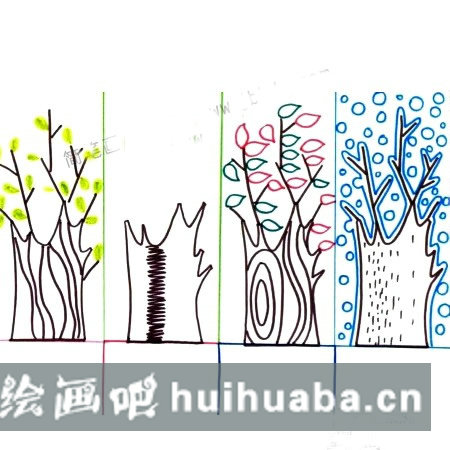 兒童畫水彩樹木畫法步驟教程：一年四季的樹木