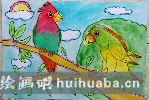 兩只鸚鵡兒童畫小鳥圖片欣賞/水彩畫圖片