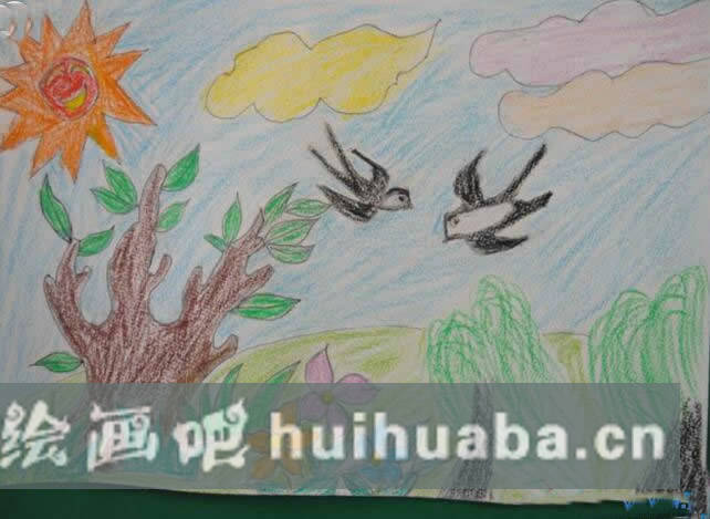 兒童畫春天來了的景色簡單/蠟筆畫圖片