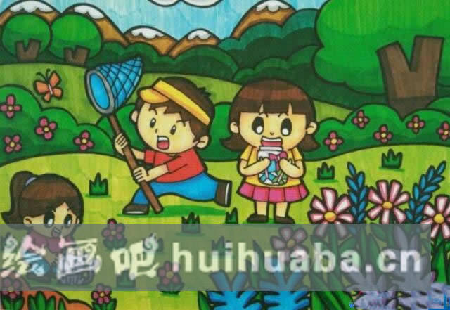 春天里的郊游捉蝴蝶兒童畫作品欣賞