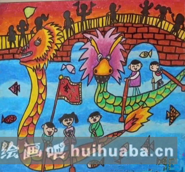 端午節(jié)賽龍舟的兒童畫作品圖片