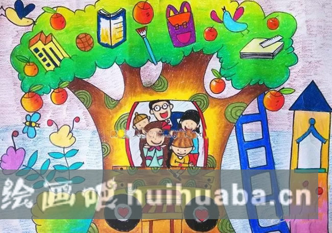 我夢想中的綠色家園兒童畫繪畫作品欣賞 - 大樹房子