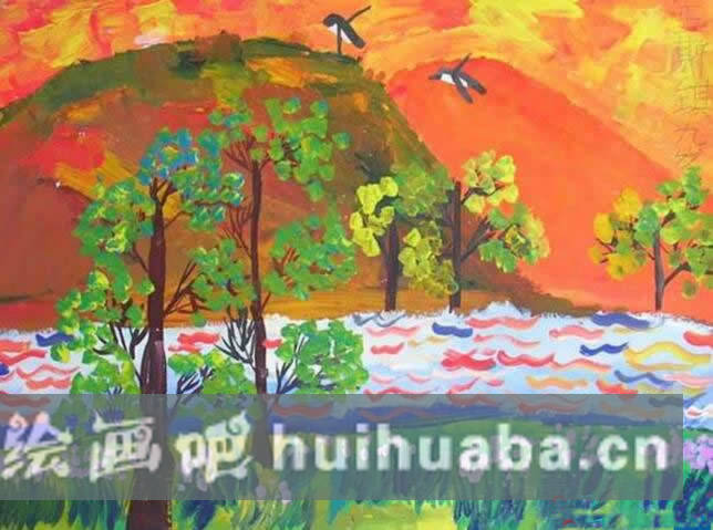 兒童畫(huà)秋天的圖畫(huà)：秋天美麗的景色/水粉畫(huà)圖片