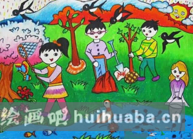 春天小朋友植樹兒童畫 快樂春天主題兒童畫圖片