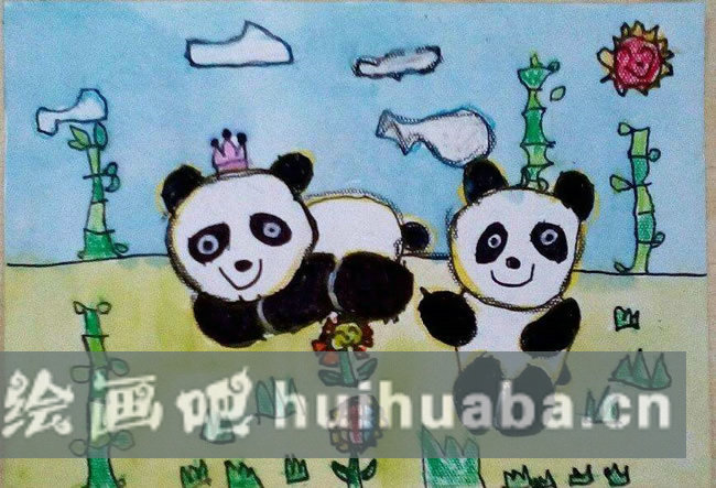 兩只可愛的熊貓兒童畫