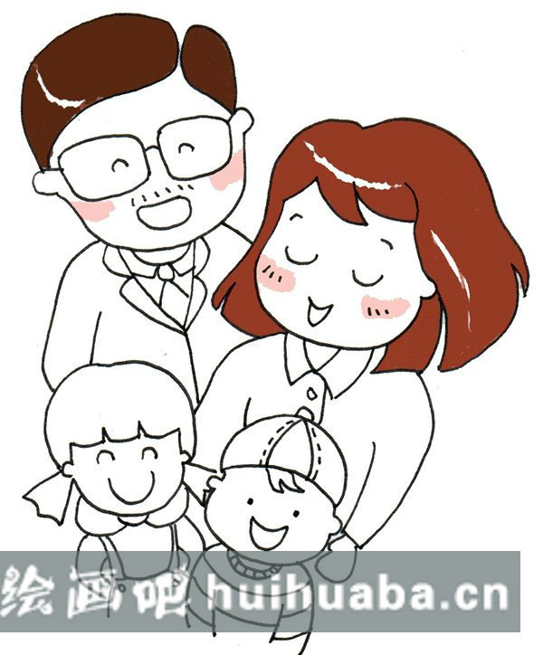 卡通一家人頭部上色兒童畫圖片