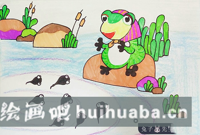小蝌蚪找媽媽兒童畫/蠟筆畫圖片