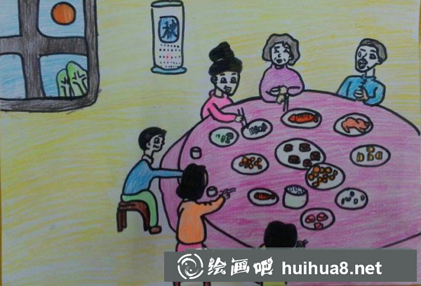 中秋節(jié)團圓飯8-12歲兒童畫/油棒畫圖片
