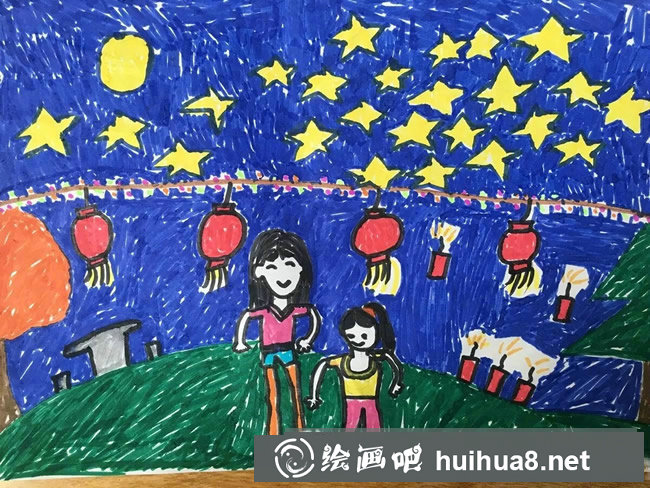 中秋夜賞月看花燈兒童畫 小學(xué)生中秋節(jié)繪畫