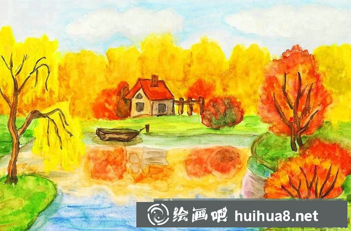 秋天的風(fēng)景兒童畫圖片 小屋外的秋色好看的秋天畫