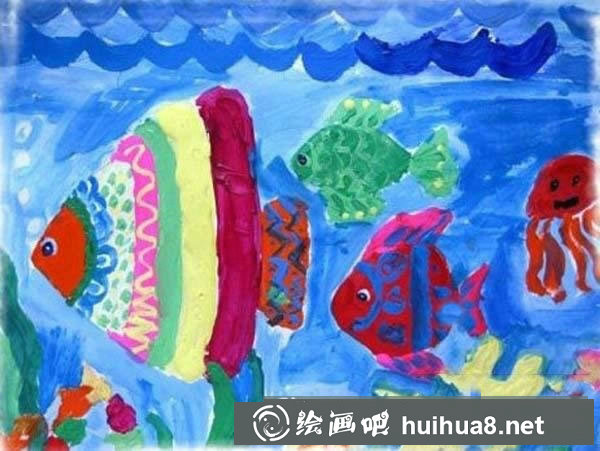 兒童水粉畫(huà)海底世界 漂亮的魚(yú)群