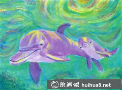 海底世界兒童畫 海豚母子溫馨時光