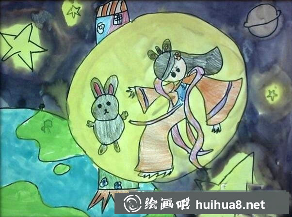 關(guān)于中秋節(jié)的兒童畫 月亮上的嫦娥和玉兔
