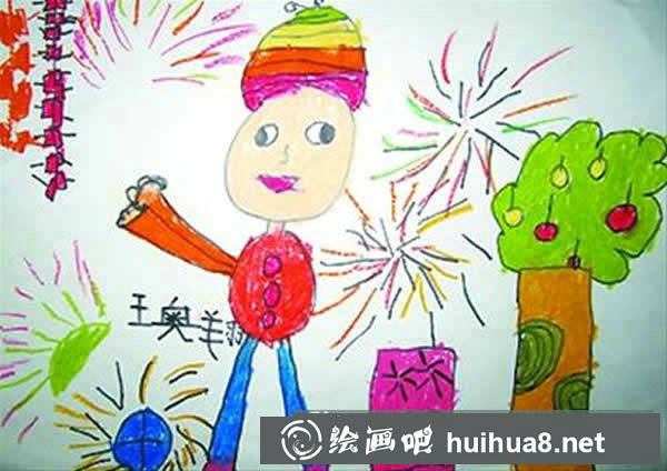 過年兒童放鞭炮兒童畫 過年兒童畫/水彩畫圖片