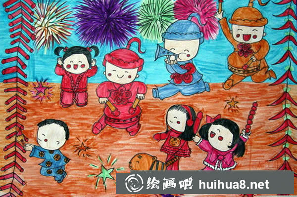 主題《過(guò)年了》兒童畫(huà) 過(guò)年兒童畫(huà)/水彩畫(huà)圖片