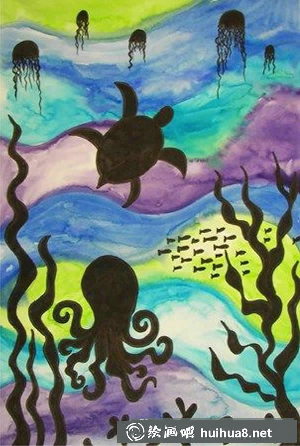 海底世界主題兒童畫 海底生物/水彩畫圖片