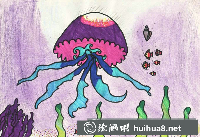 巡游海底世界的水母兒童水彩畫作品欣賞