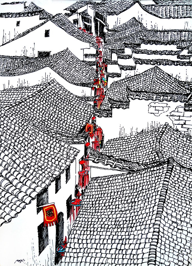 手繪徽派建筑