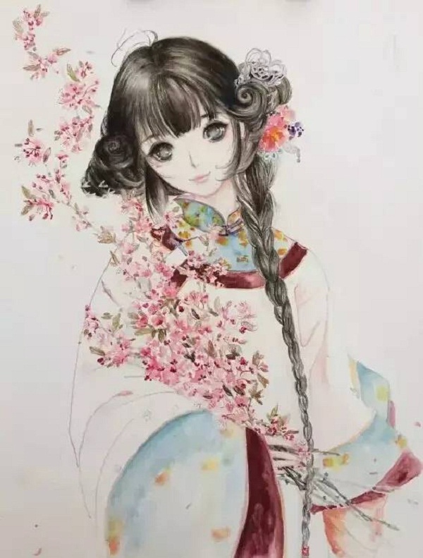 水彩畫古風(fēng)女孩1