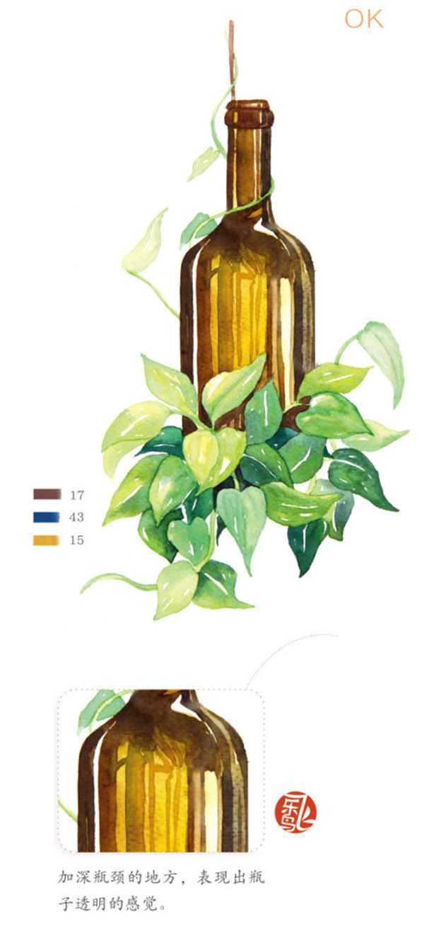 水彩透明玻璃和綠葉植物的畫法