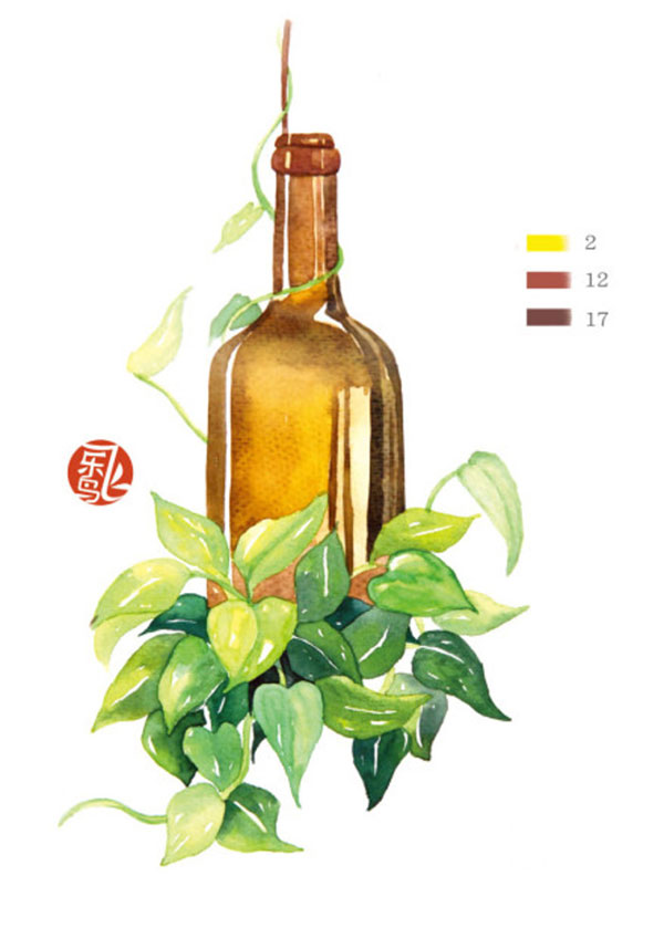 水彩透明玻璃和綠葉植物的畫法
