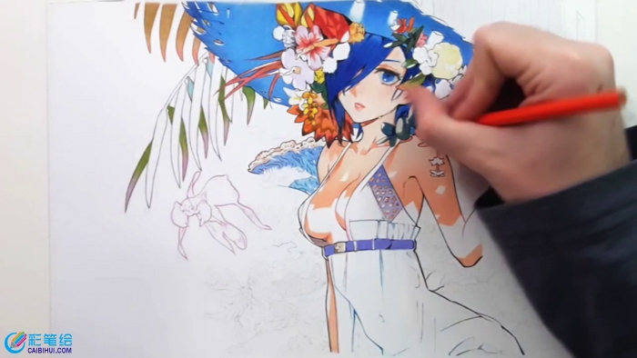 彩鉛畫美女與花卉