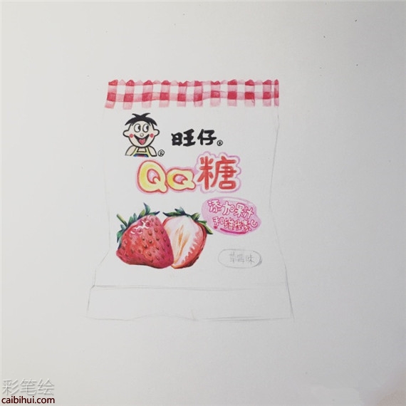 手繪童年食物：草莓味旺仔QQ糖彩鉛畫