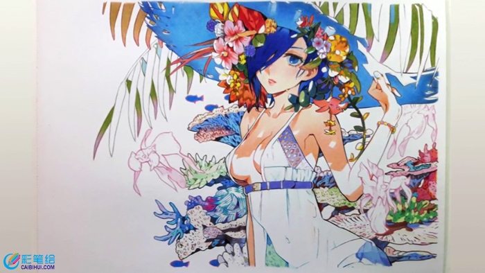 彩鉛畫美女與花卉