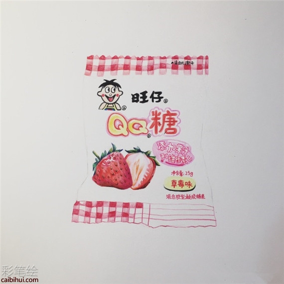 手繪童年食物：草莓味旺仔QQ糖彩鉛畫
