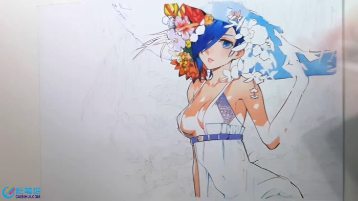 彩鉛畫美女與花卉