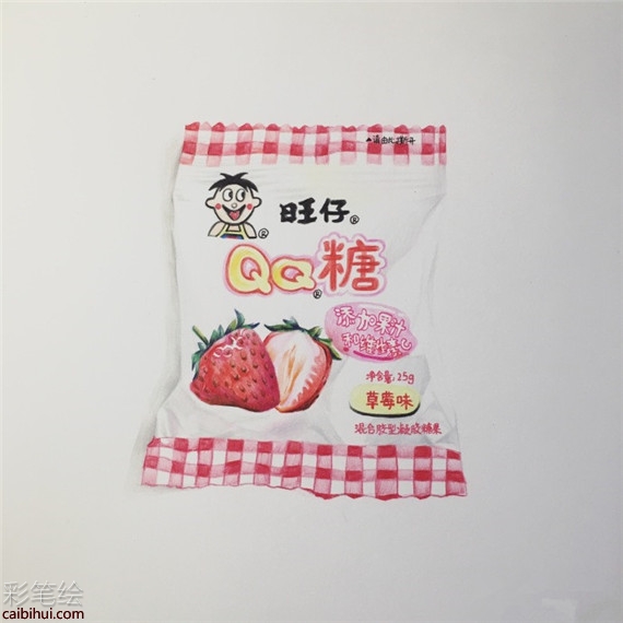 手繪童年食物：草莓味旺仔QQ糖彩鉛畫