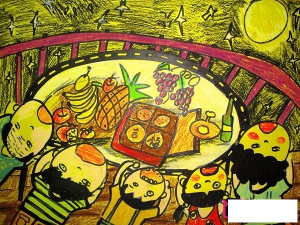 中秋節(jié)主題兒童畫，中秋全家團(tuán)團(tuán)圓圓
