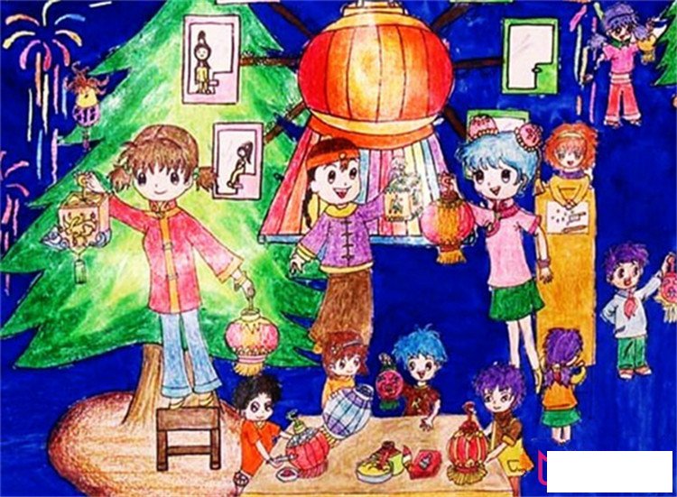 迎新年的兒童畫，放煙花兒童畫過新年
