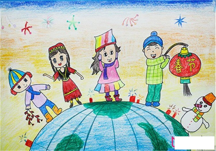 五十六民族迎接新年兒童畫，普天同慶
